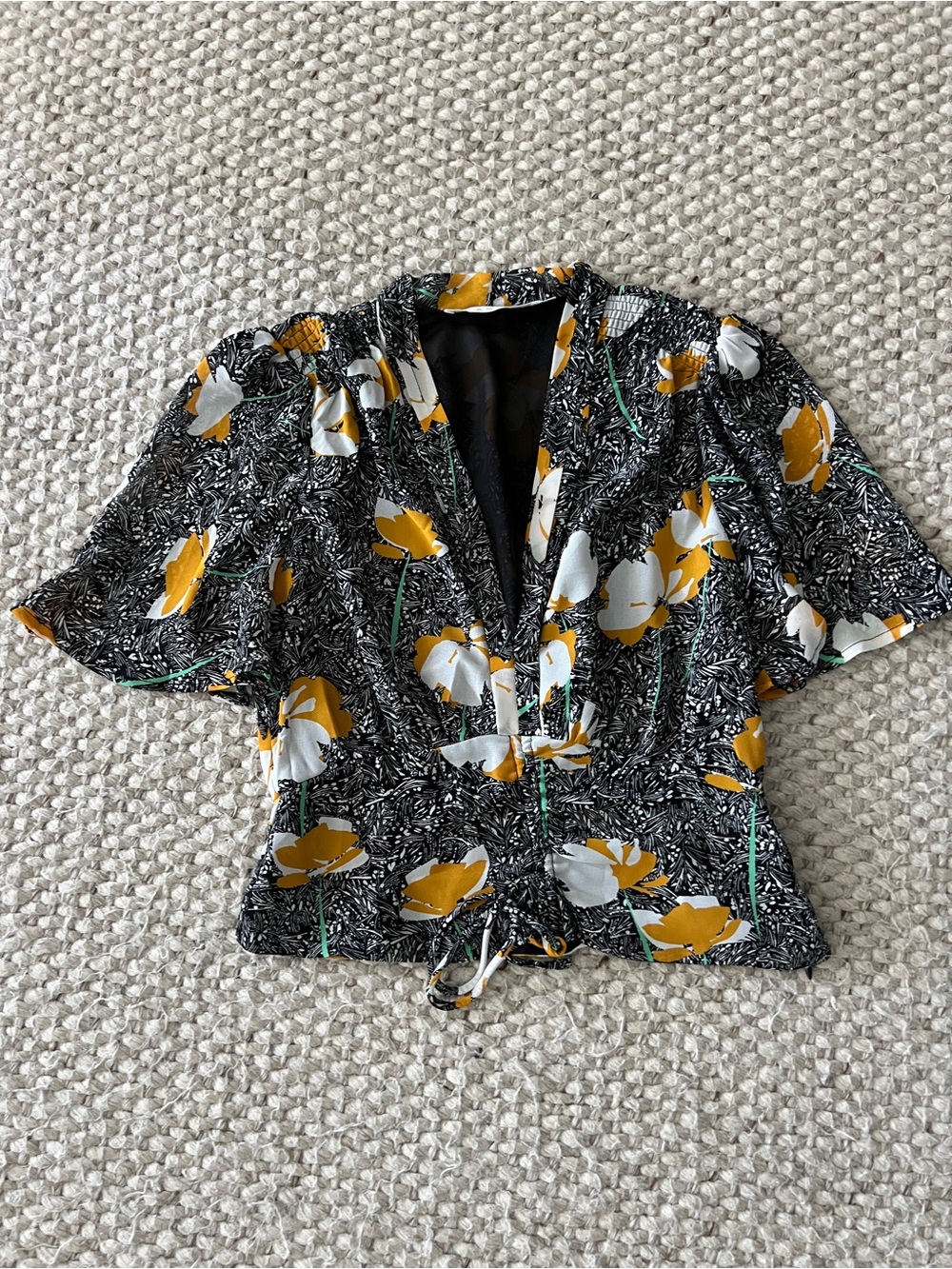 Women’s Black Floral V-Neck Short Sleeve Top with Yellow Accents